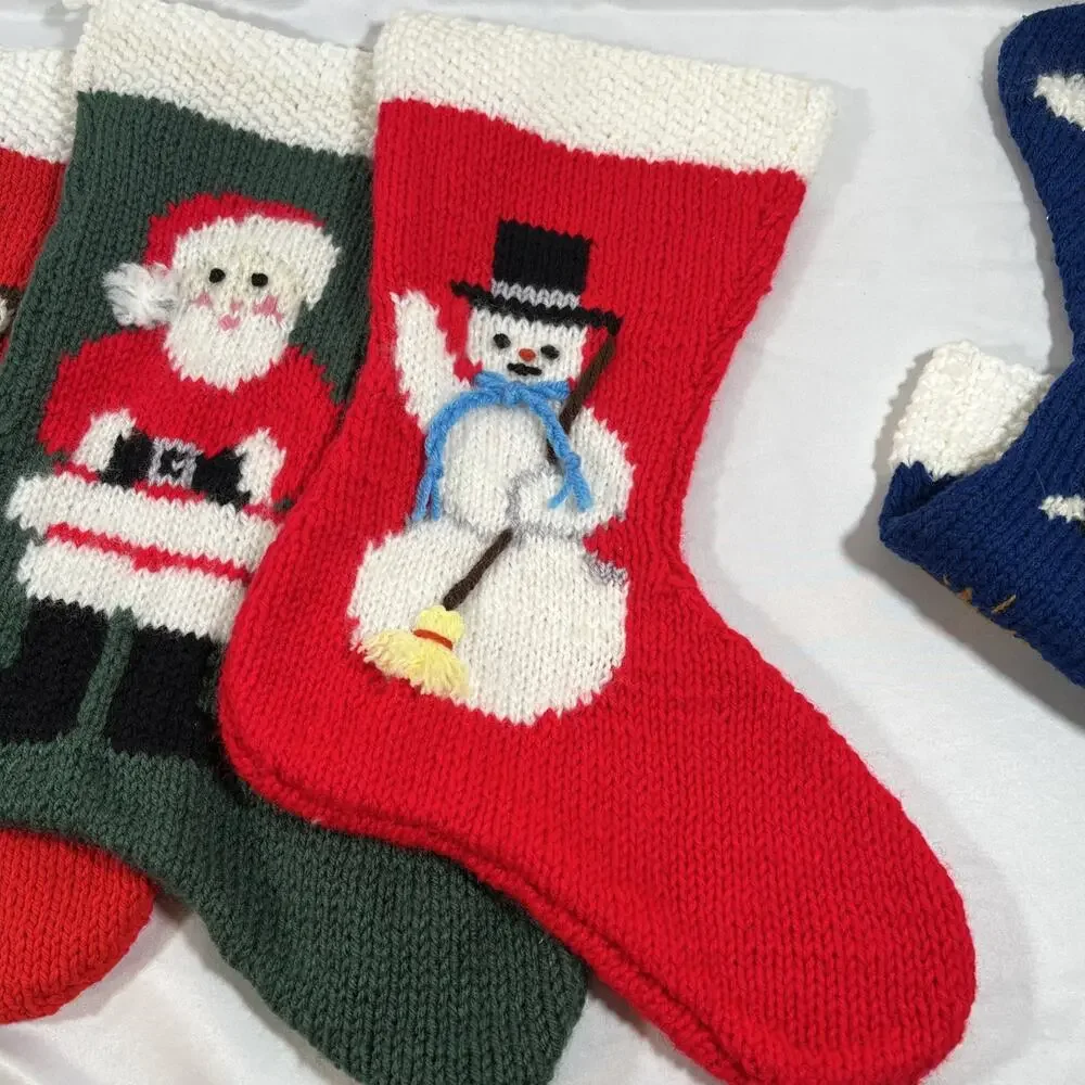 Vintage Lot of 4 Handmade Knit Christmas Stockings Santa Bear Snowman Shepherd